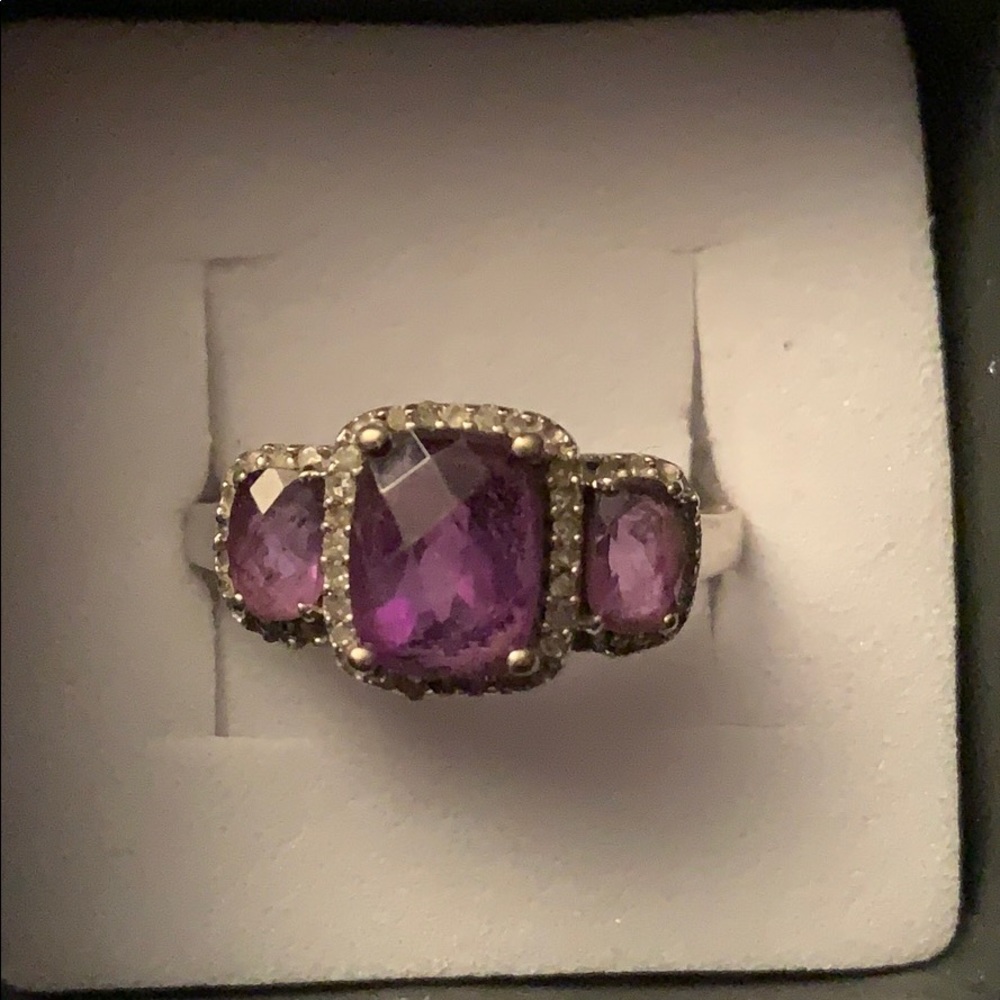 Amethyst & Diamond Ring Solid White Gold 10k